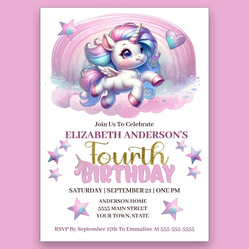 Magical Unicorn 4th Birthday Invitation