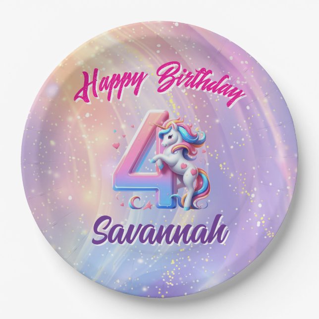 Magical Unicorn 4th Birthday Pastel Purple  Paper Plates (Front)