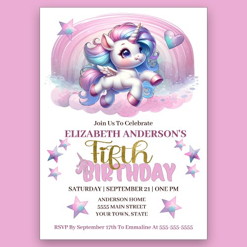 Magical Unicorn 5th Birthday Invitation