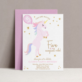 Magical Unicorn 5th Birthday Invitation pink