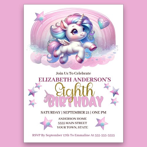 Magical Unicorn 8th Birthday Invitation