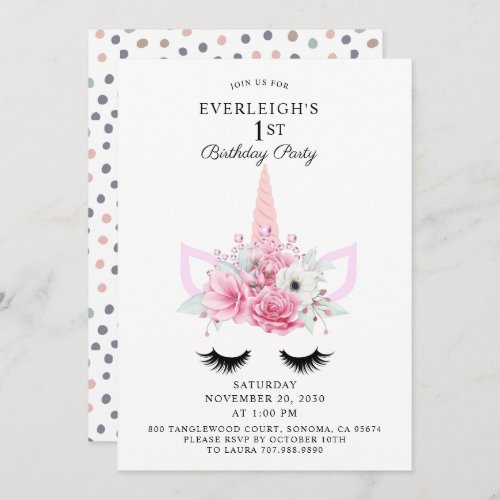 Magical Unicorn And Floral 1st Birthday Party Invitation