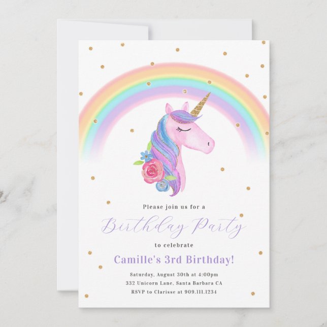Magical Unicorn and Rainbow Birthday Invitation (Front)
