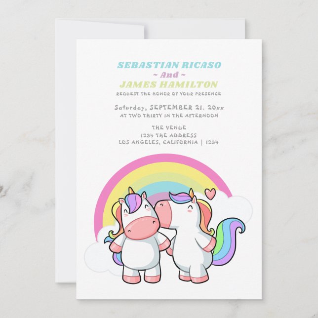 Magical Unicorn And Rainbow Fun Gay Wedding Announcement (Front)