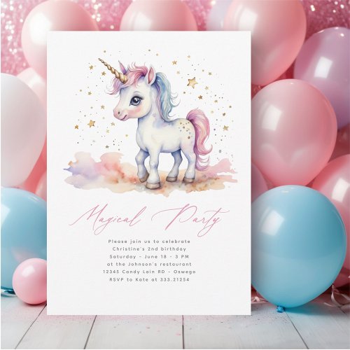 Magical Unicorn Baby Girl Birthday  Invitation