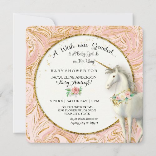 Magical Unicorn Baby Girl Shower Marble Rose Gold Invitation