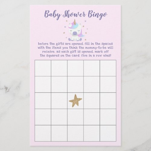 Magical Unicorn Baby Shower Bingo Game
