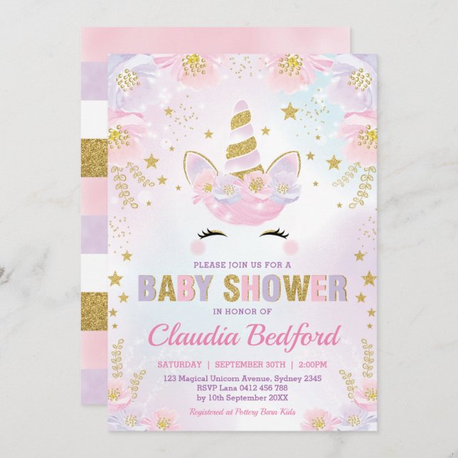Magical Unicorn Baby Shower / Pastel Pink Floral Invitation (Front/Back)