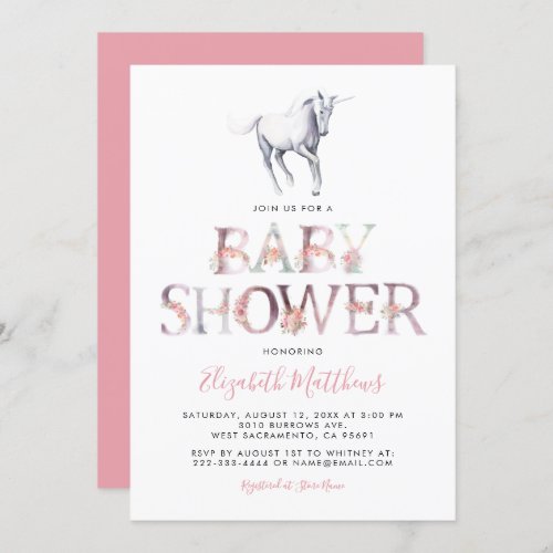 Magical Unicorn Baby Shower  Pink Floral Girl Invitation