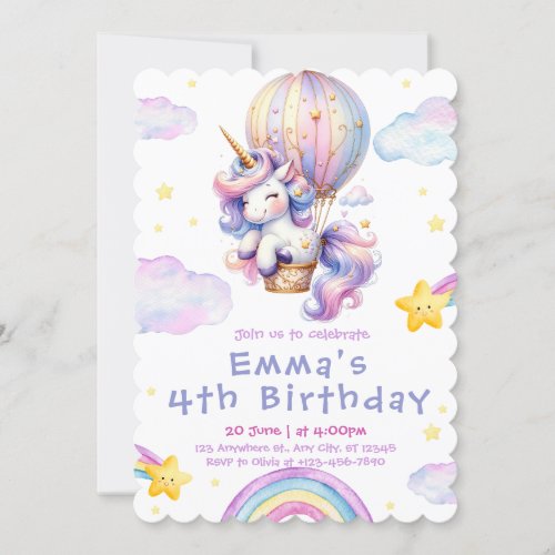 Magical Unicorn Balloon Kids Birthday Invitations