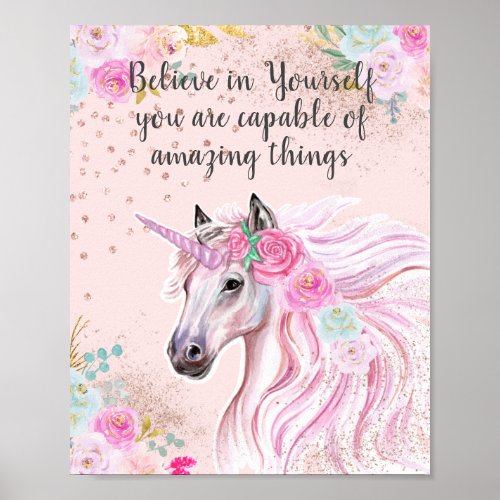 Magical Unicorn Believe in Yourself Pink Gold  Poster