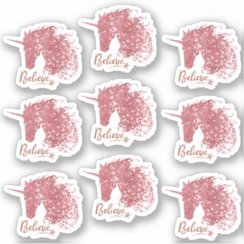 Magical Unicorn  Believe  Rose Gold Faux Glitter Sticker