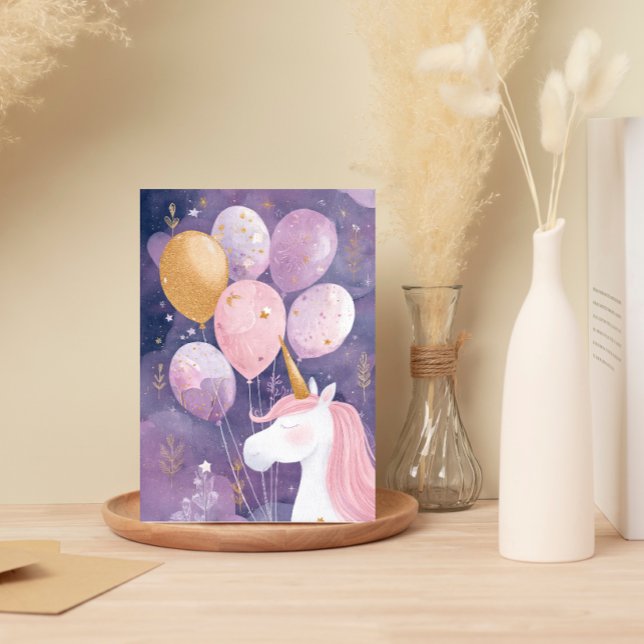 Magical Unicorn Birthday Card  Pink & Gold Balloon (Creator Uploaded)