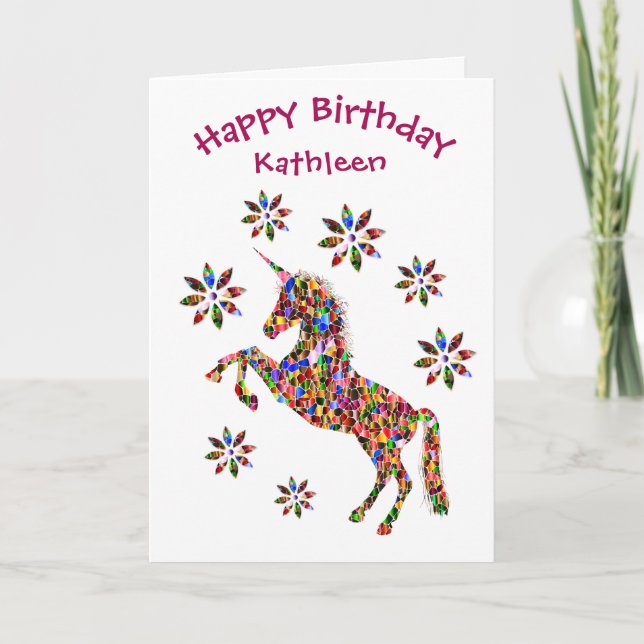 Magical Unicorn Birthday Flowers Glitter Child Card (Front)