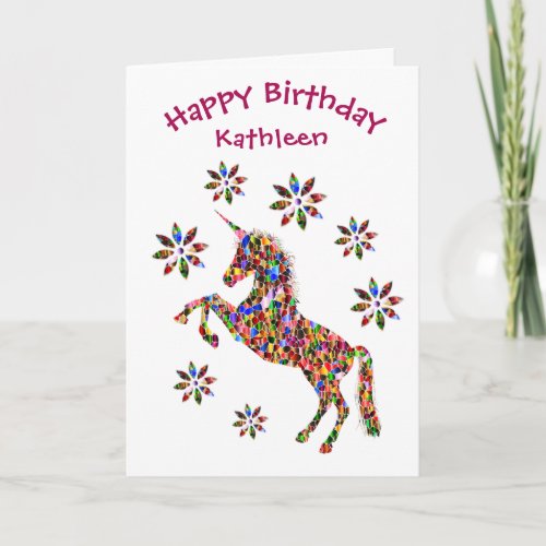 Magical Unicorn Birthday Flowers Glitter Child Card
