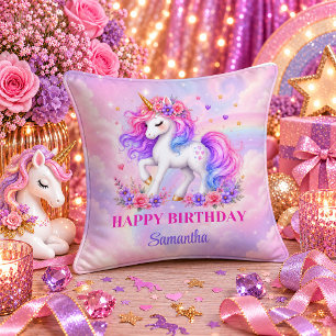 Magical Unicorn Birthday Girl Colorful Dream Pillo Throw Pillow