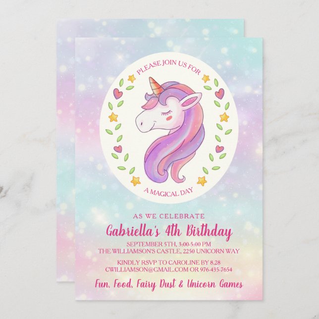 Magical Unicorn Birthday Girl Party Invitation (Front/Back)
