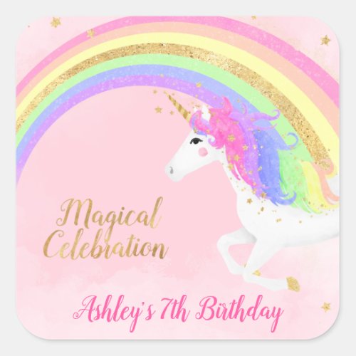Magical Unicorn Birthday   Gold Rainbow Square Sticker