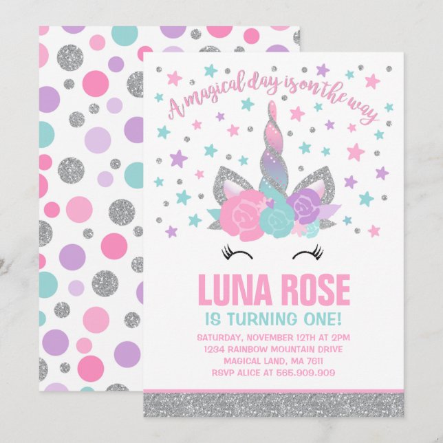 Magical Unicorn Birthday Invitation Pink & Silver (Front/Back)