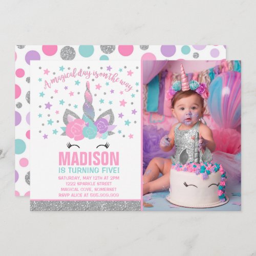 Magical Unicorn Birthday Invitation Pink  Silver