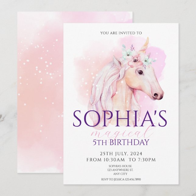 Magical Unicorn Birthday Invitation Rainbow  (Front/Back)
