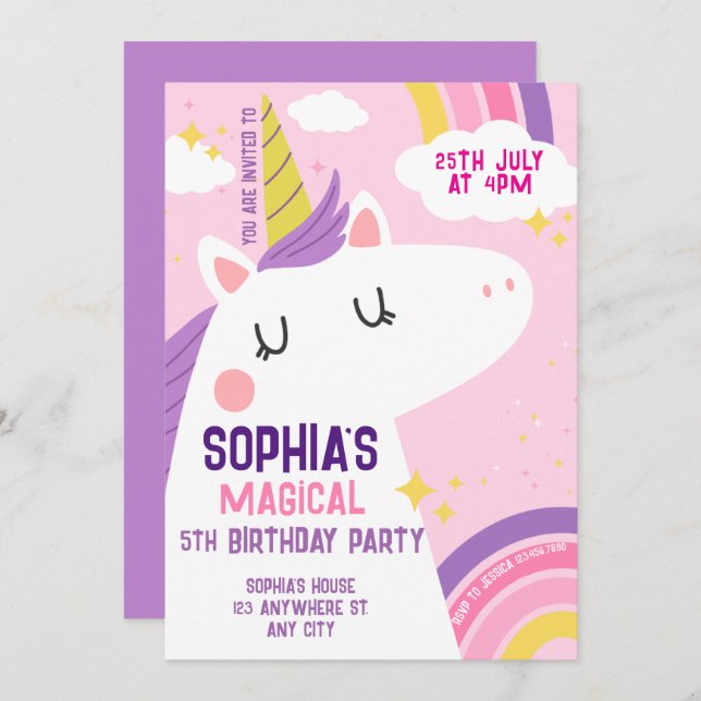 Magical Unicorn Birthday Invitation Rainbow  (Front/Back)