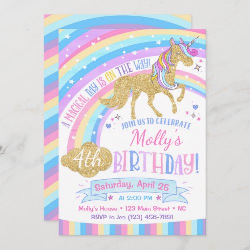 Magical Unicorn Birthday Invitation Rainbow Invite