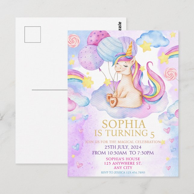 Magical Unicorn Birthday Invitation Rainbow  Postcard (Front/Back)