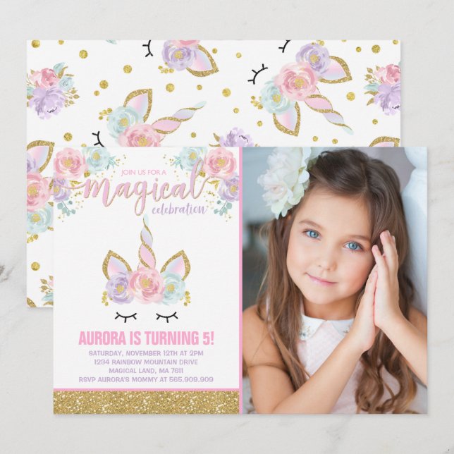 Magical Unicorn Birthday Invitation Unicorn Party (Front/Back)
