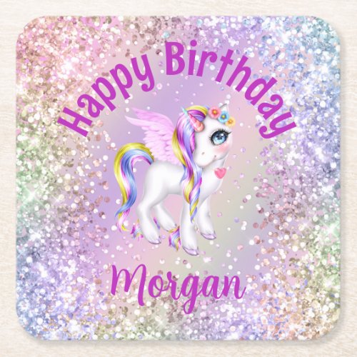 Magical Unicorn Birthday Party Cupcakes Square Paper Coaster