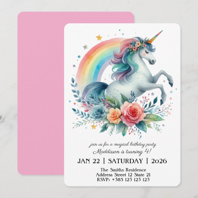 Magical Unicorn Birthday Party Invitation (Front/Back)