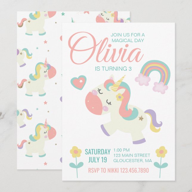 Magical Unicorn birthday party invitation pastel (Front/Back)