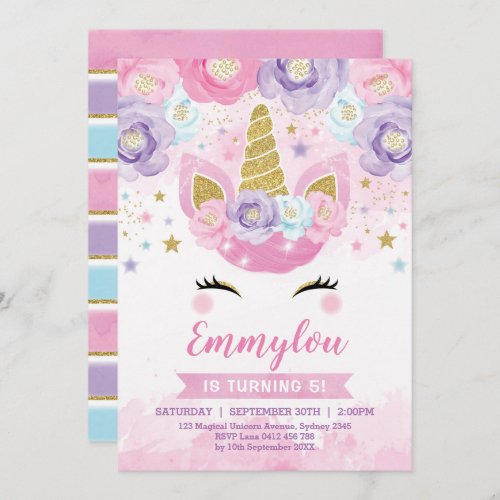 Magical Unicorn Birthday Party Pink Purple Rainbow Invitation