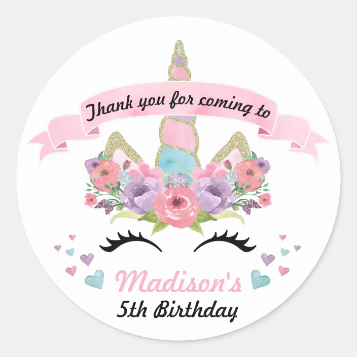 25 Personalised Unicorn thank you for coming to my party stickers Birthday 
