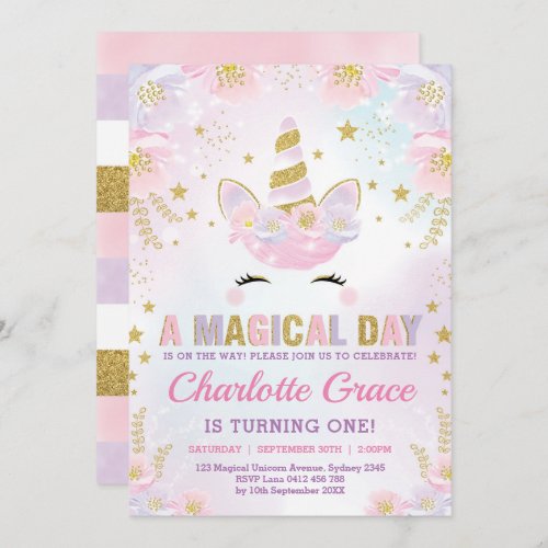 Magical Unicorn Birthday  Pastel Floral Pink Gold Invitation