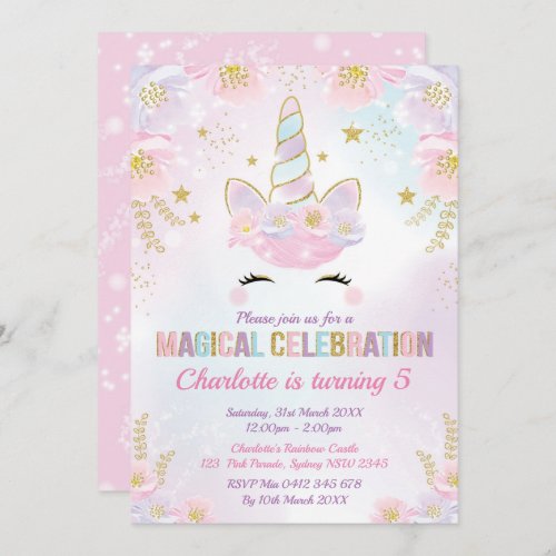 Magical Unicorn Birthday  Pastel Pink Purple Gold Invitation