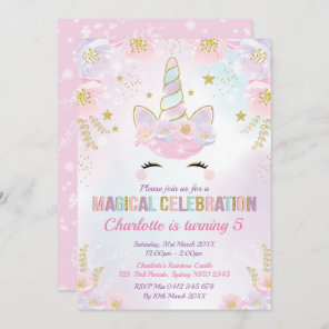 Magical Unicorn Birthday / Pastel Pink Purple Gold Invitation