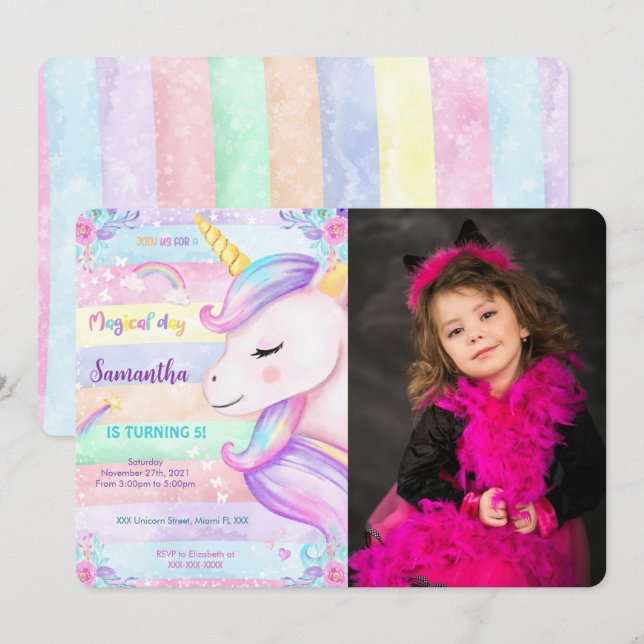 Magical Unicorn Birthday Photo Invitation  (Front/Back)