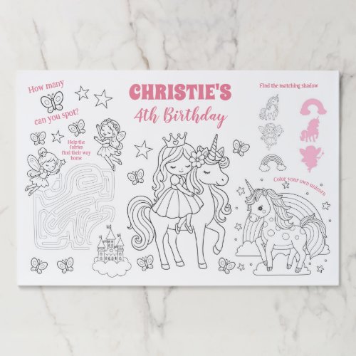 Magical Unicorn Birthday Placemat Activity