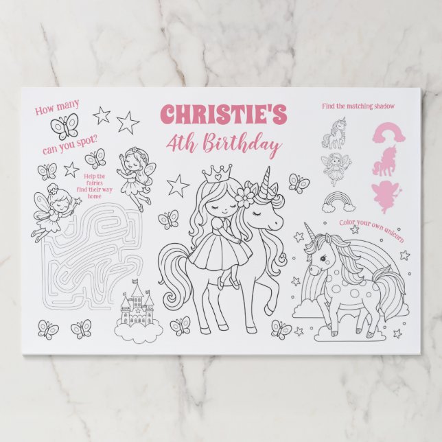 Magical Unicorn Birthday Placemat Activity (Front)