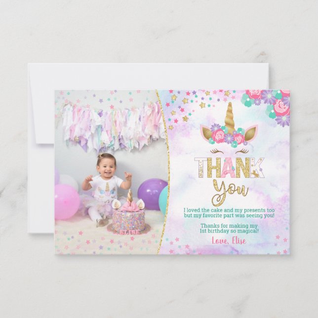 Magical Unicorn Birthday Thank You Cards (Front)
