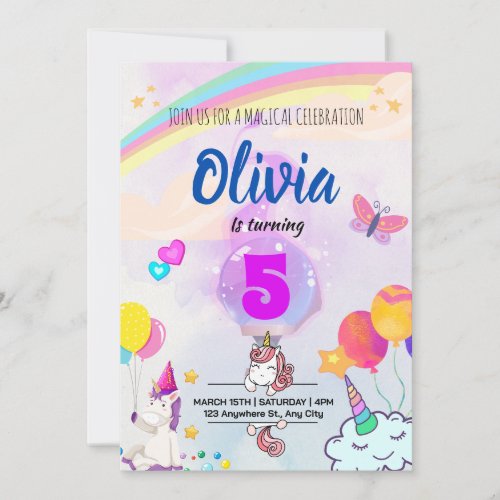 Magical Unicorn Birthday with Colorful Rainbow  Invitation