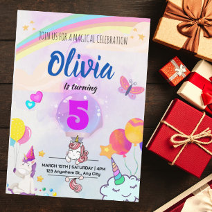 Magical Unicorn Birthday with Colorful Rainbow Invitation