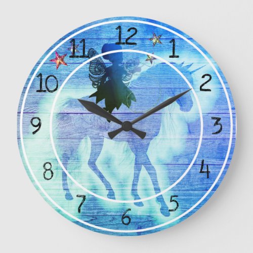 Magical Unicorn Blue Green Colorful Wood Design Large Clock