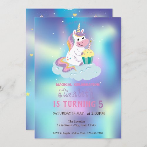 Magical Unicorn Blue Holographic Birthday Invitation