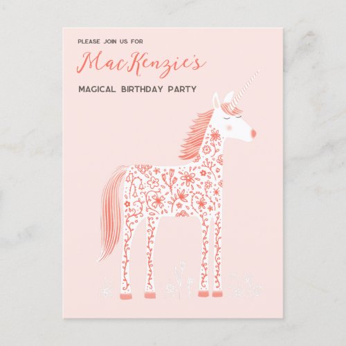 Magical Unicorn Blush Pink Birthday Party Invitati Postcard