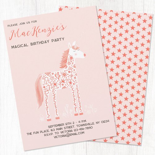 Magical Unicorn Blush Pink Birthday Party Invitation