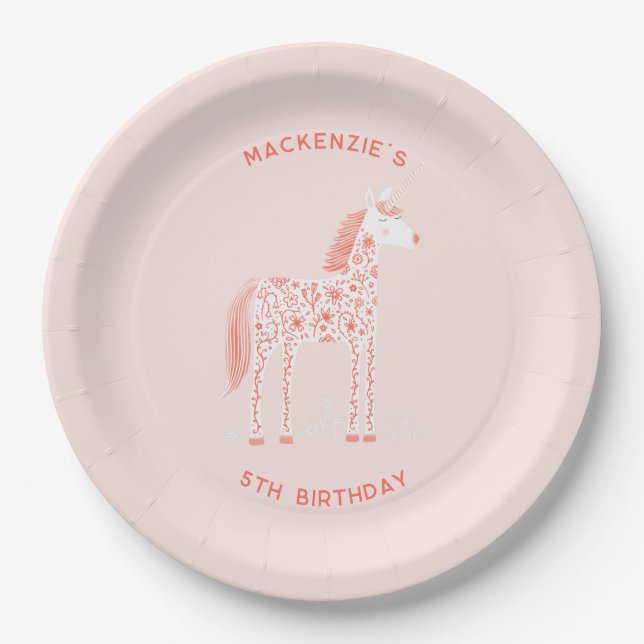 Magical Unicorn Blush Pink Birthday Party Paper Plates (Front)
