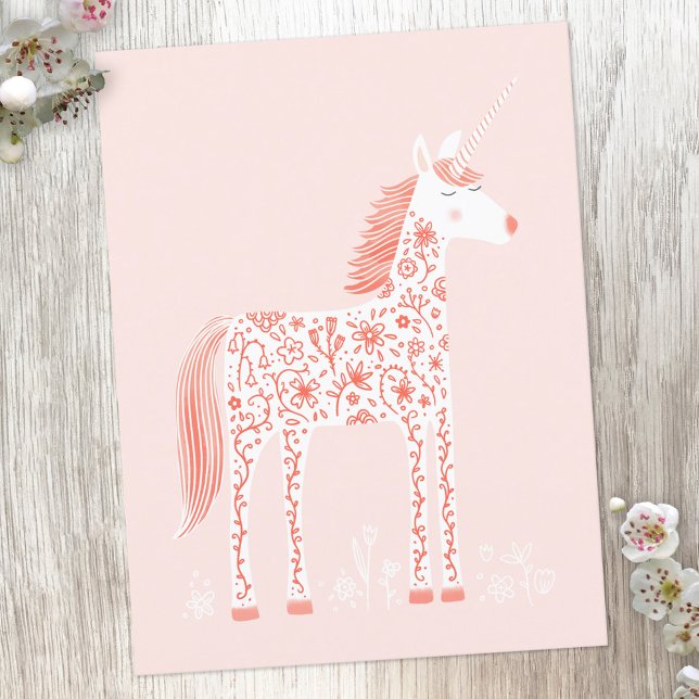 Magical Unicorn Blush Pink Postcard (Floral unicorn postcard)