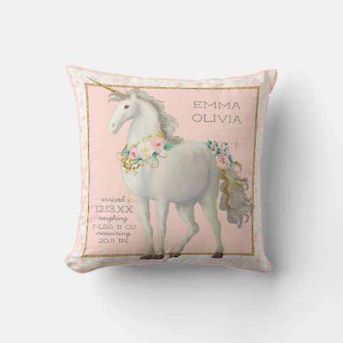 Magical Unicorn BOHO Floral Baby Girl Birth Stats Throw Pillow